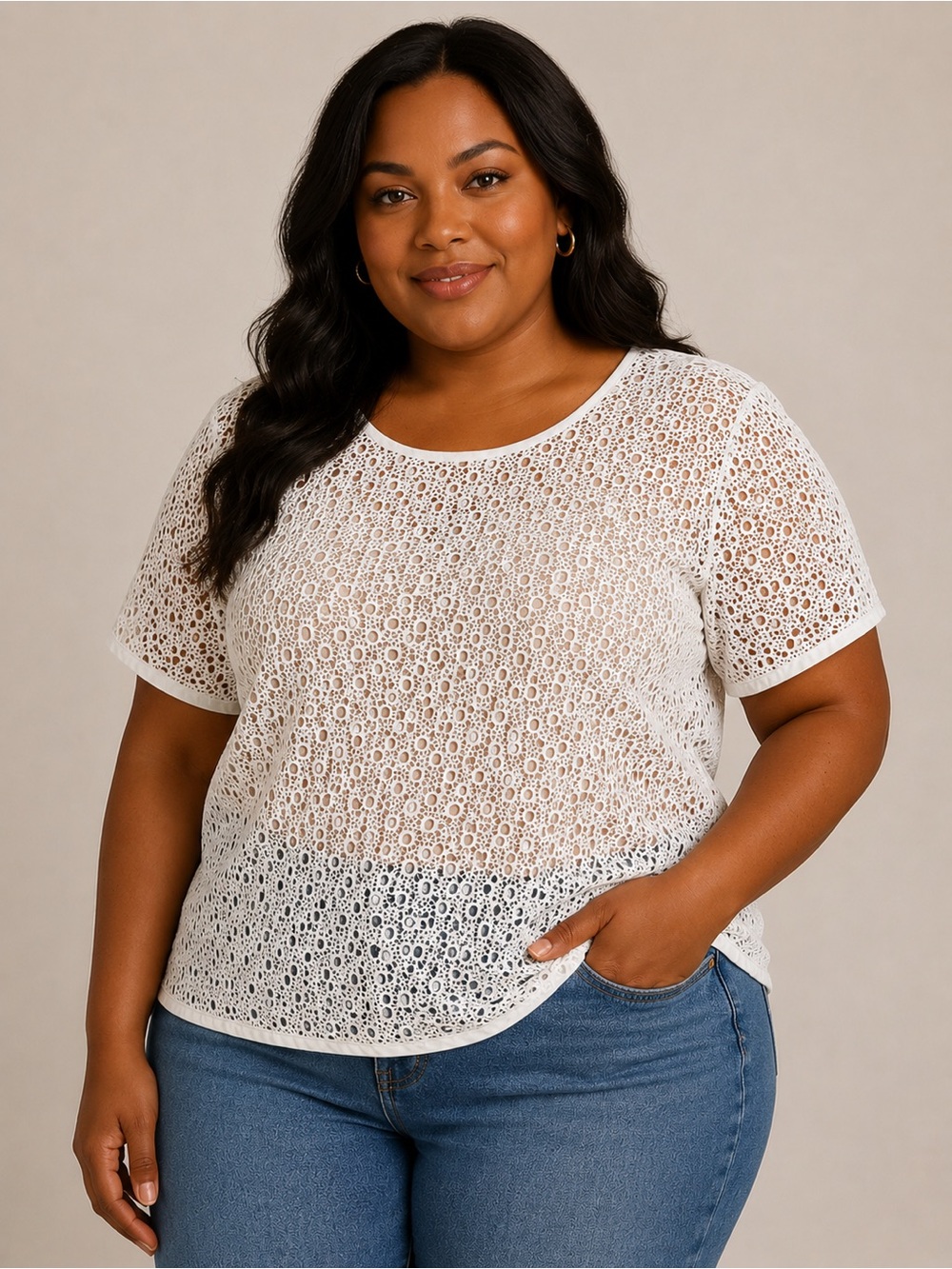 Adiva White Lace Short Sleeve Crochet Top Size 1X